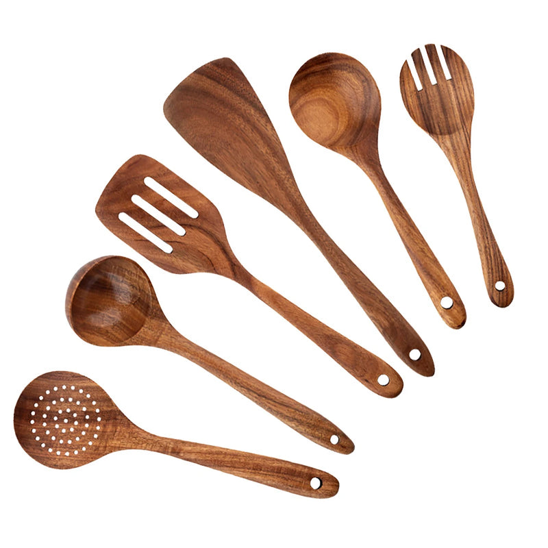 Conjunto de utensílios de cozinha de madeira Conjunto de espátula e colher para salada Conjunto de colher para mexer Conjunto de cozinha para assar com balde de armazenamento