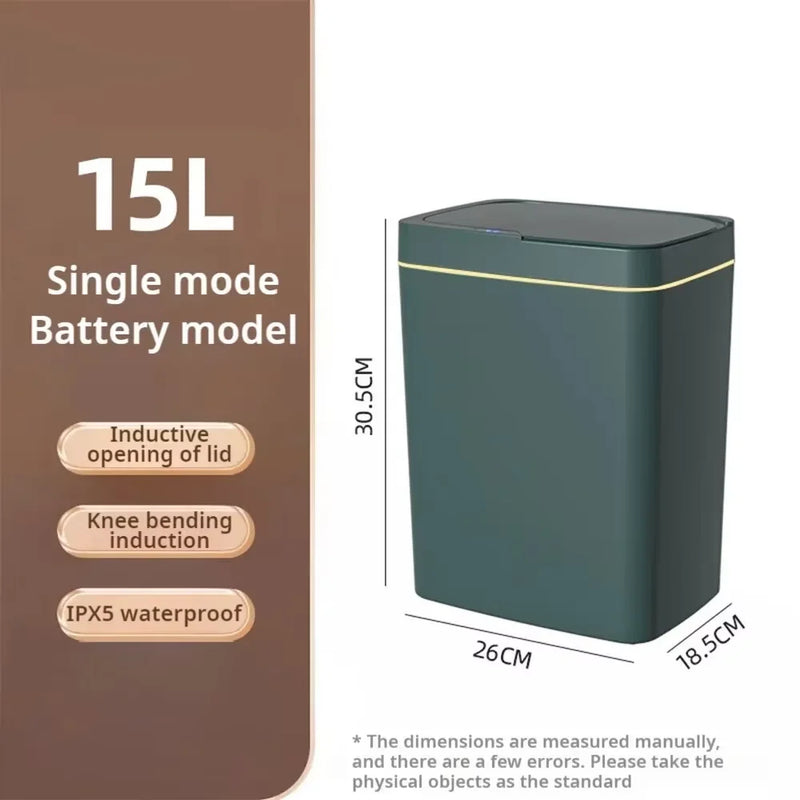 Lixeira de sensor inteligente estreita sem contato, lata de lixo eletrônica de ensacamento automático de 15L, lata de lixo inteligente para banheiro, verde