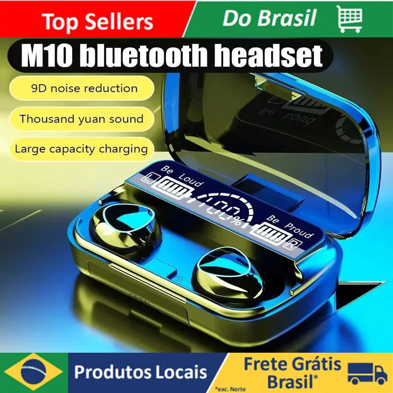 Fones de ouvido Bluetooth M10 com microfone, caixa de carregador de fone de ouvido, fones de ouvido sem fio, tela de exibição LED