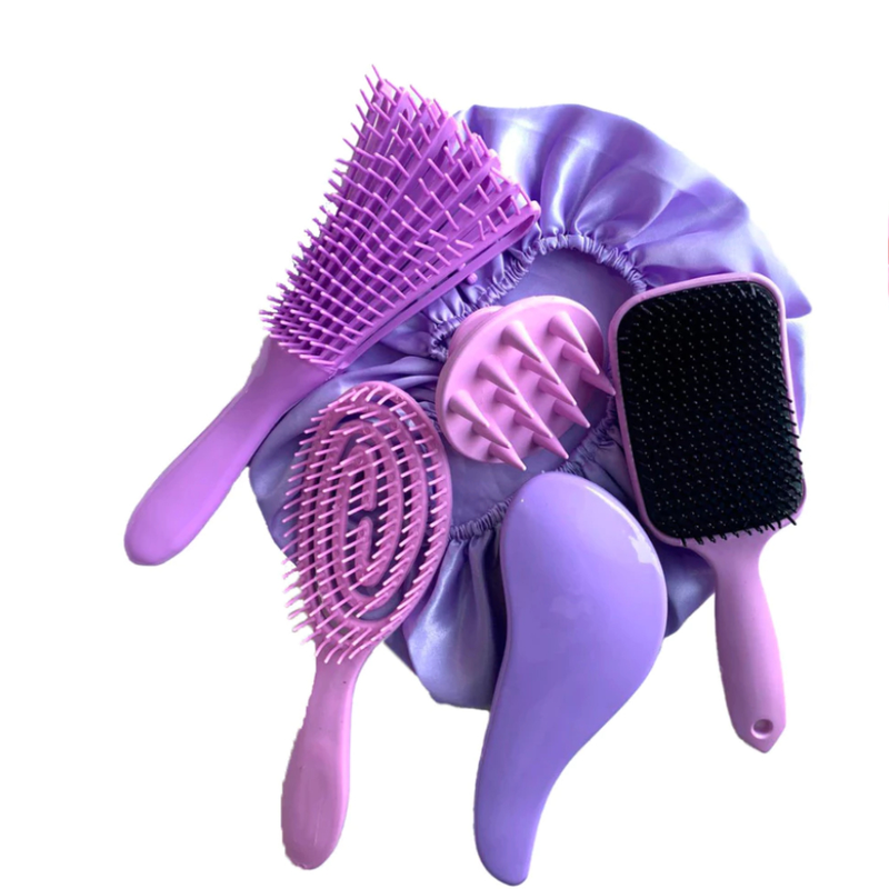 Kit 05 -Escova Flex / Polvo/Raquete Fashion Escova Mágica Massageador de Silicone e Touca de Cetim Mania