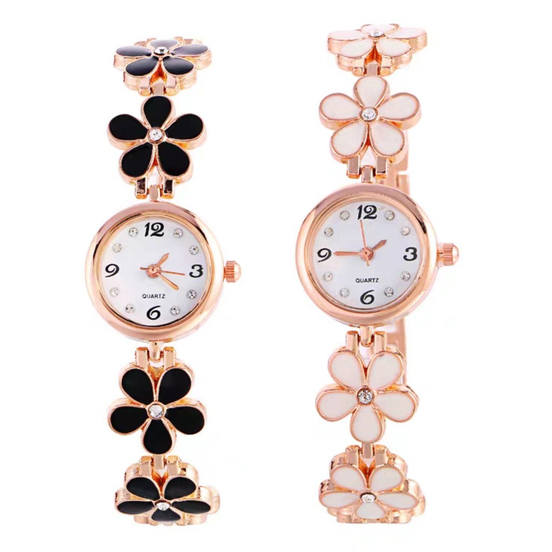 Relógio De Quartzo Feminino Moda Simples Flor Relógio De Quartzo Feminino Relógio De Pulseira Branco Preto