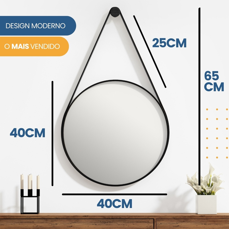 Espelho Adnet 40cm Sala Quarto Banheiro Suporte e Pendurador Alça Couro