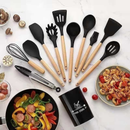 Jogo de Cozinha Kit C 4/12 Peças de Silicone Utensílios e Copo Suporte para Cozinha Cabo de Madeira Su