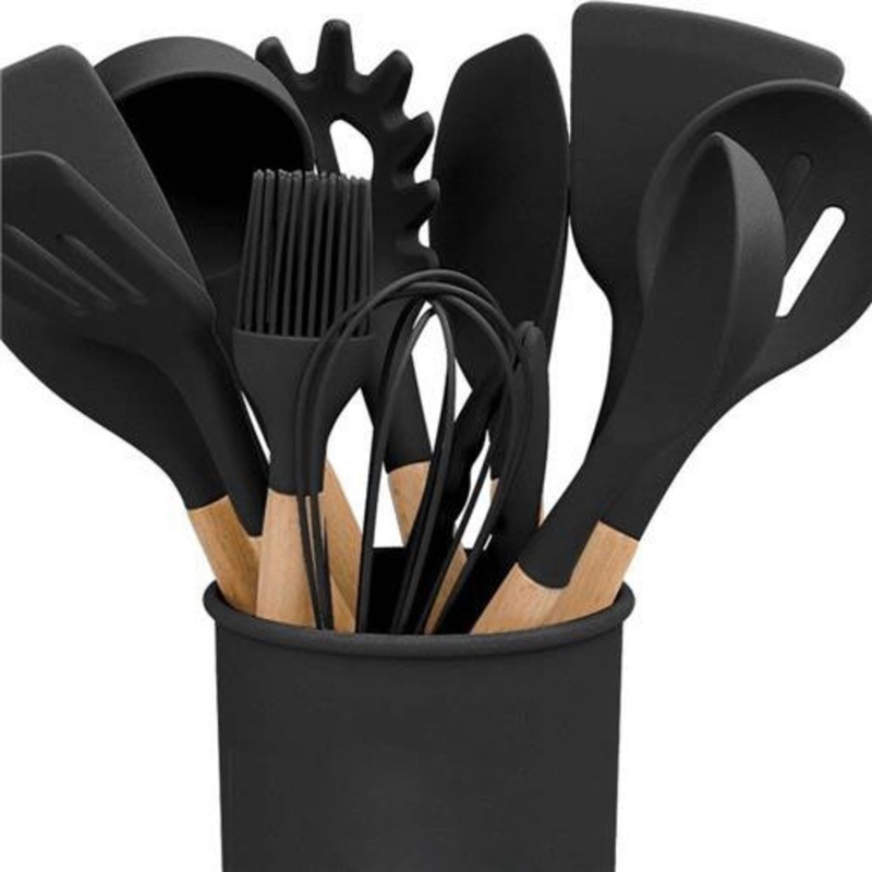 Jogo de Cozinha Kit C 4/12 Peças de Silicone Utensílios e Copo Suporte para Cozinha Cabo de Madeira Su