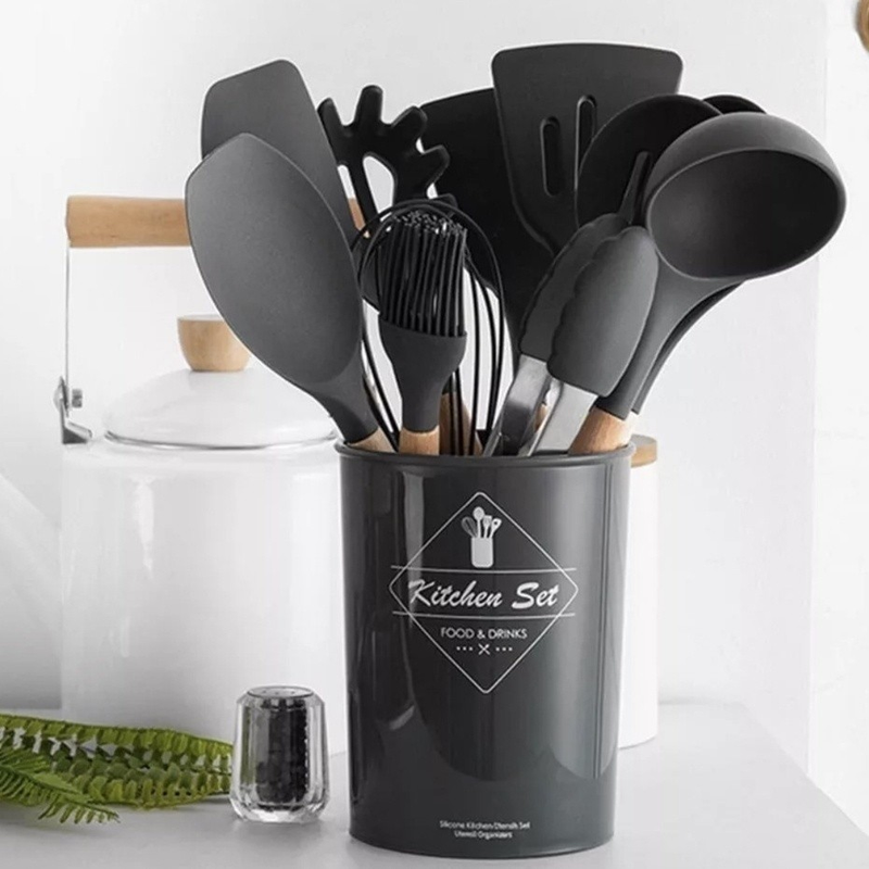 Jogo de Cozinha Kit C 4/12 Peças de Silicone Utensílios e Copo Suporte para Cozinha Cabo de Madeira Su