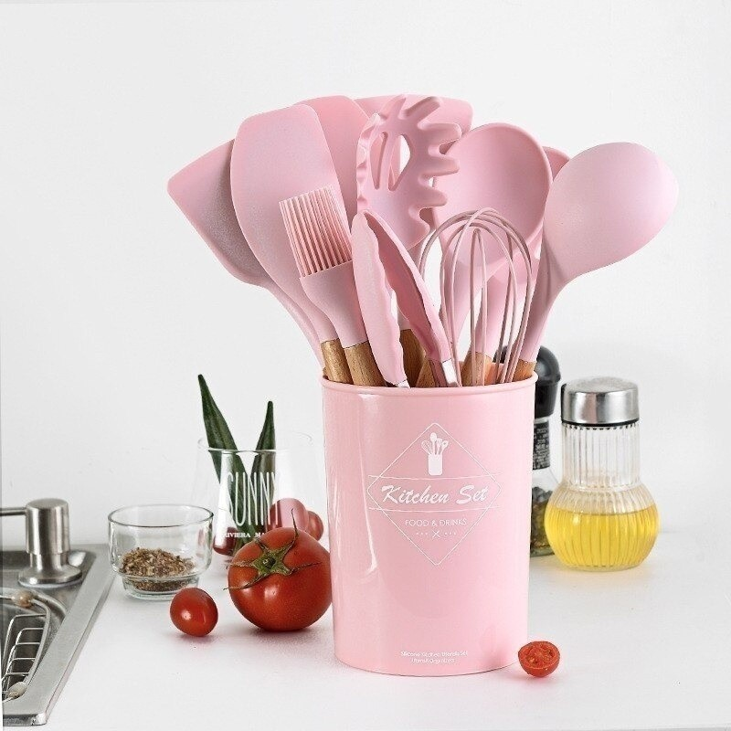 Jogo de Cozinha Kit C 4/12 Peças de Silicone Utensílios e Copo Suporte para Cozinha Cabo de Madeira Su
