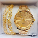 Relógio Feminino de metal Dourado Acompanha Pulseira