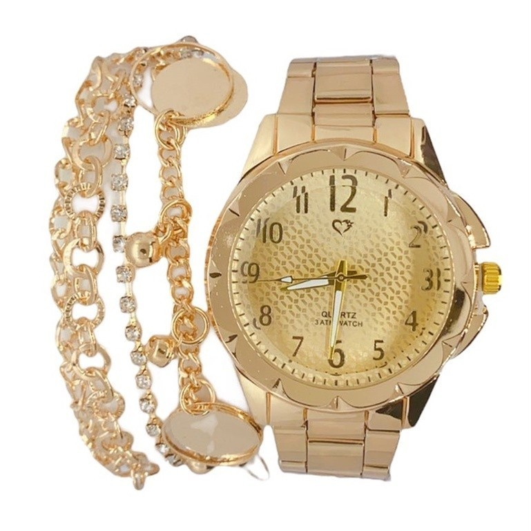 Relógio Feminino de metal Dourado Acompanha Pulseira